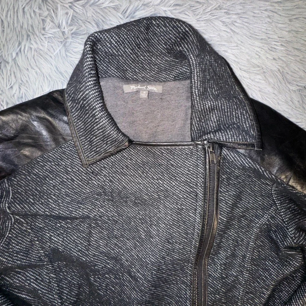 Michael Stars Women's Medium Black‎ White Herringbone Moto Jacket Leather Trim